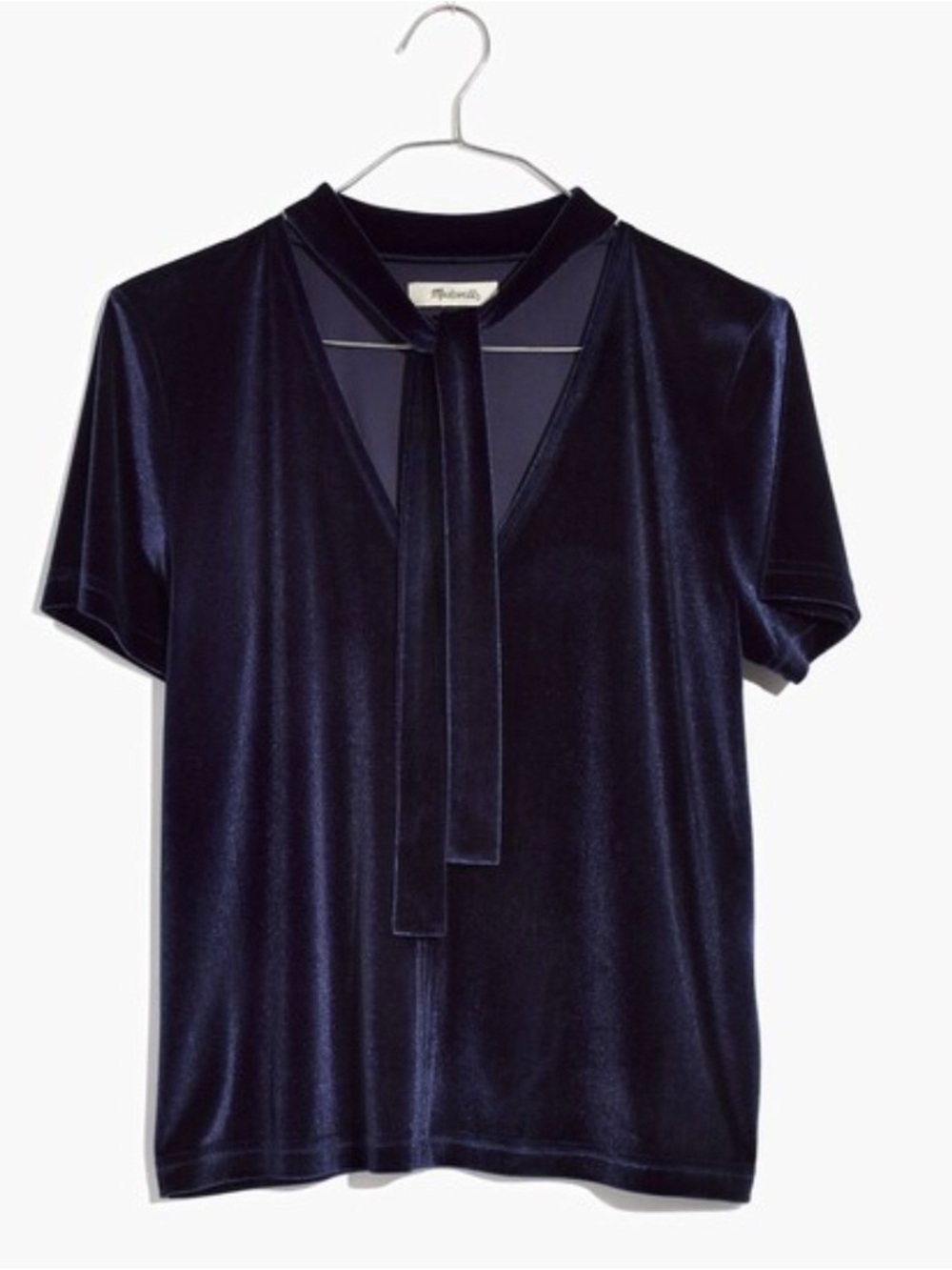 Madewell Blue Velvet Tie Neck Short Sleeve Top Size S